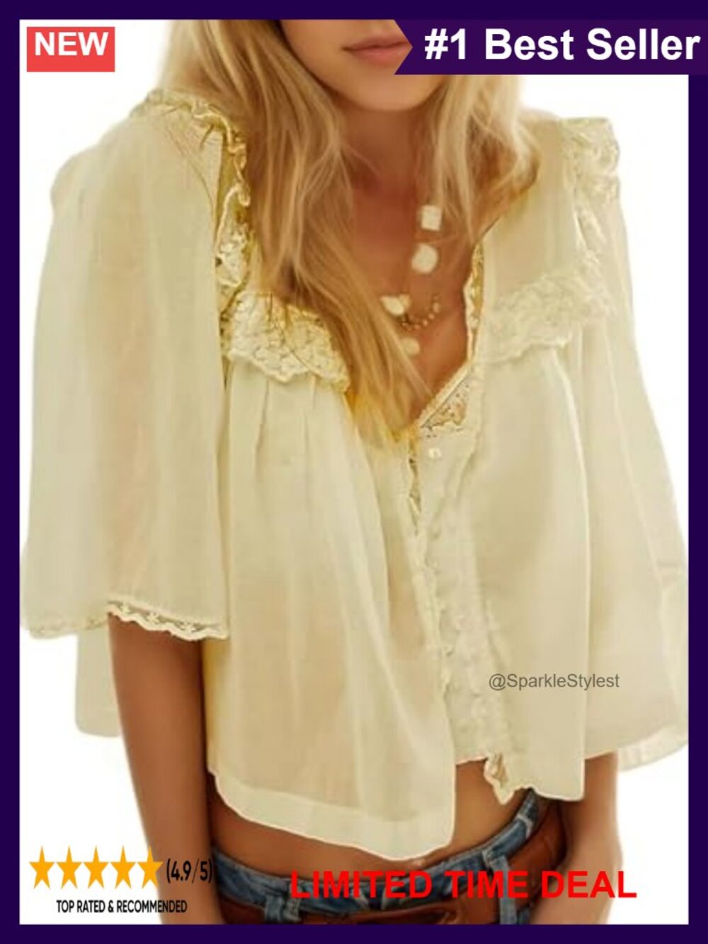 Womens Oversized Crop Boho Lace Half Sleeve Button Down V-Neck Ruffle Blouse